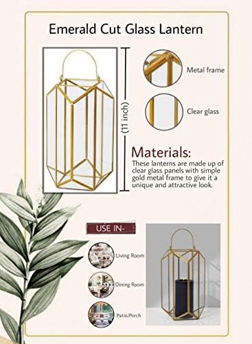 Serene Spaces Living Emerald Cut Glass Lantern, Measures 11 inches Tall, Sold Individually