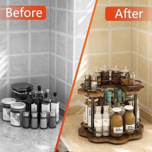 2 Tier Lazy Susan Organizer,2-Tier Spinning Spice Rack with Stable Carousel Base & 4 Height Settings for Cupboard Kitche