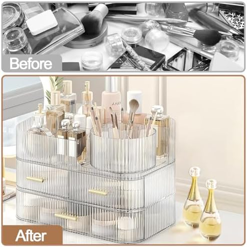 DASITON Makeup Organizer with Drawers and Rotating Makeup Brush Holder,Large Capacity Stackable Cosmetic Organizer Count