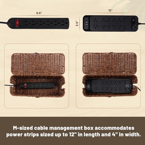 Cable Management Box, Cord Organizer with Lid & Cable Ties - Brown, M