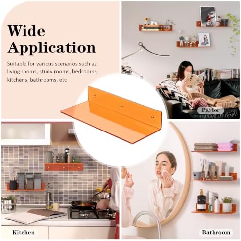 Sezanrpt 15 Inches Orange Acrylic Wall Shelves 2 Pack, L Shape Floating Shelf, Perspex Wall Mounted Shelves for Home Décor, Model Car, Candle, Calendar, Towel, Tissue