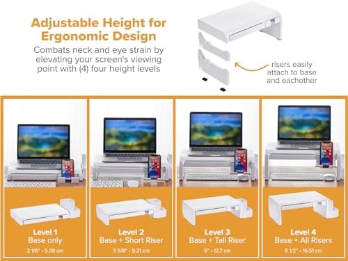 Bostitch Konnect Adjustable Monitor Riser with Drawer, Cell Phone Stand & Pencil Holder, Laptop Stand for Desk, 4 Height