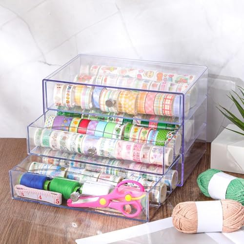 Wonderjune 4 Pack 3 Drawer Clear Washi Tape Organizer Acrylic Storage Box