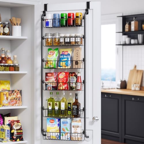 Delamu Over the Door Pantry Organizer, 6-Tier Metal Pantry Door Organization and Storage, Hanging Kitchen Basket Spice R