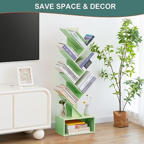 Yoobure Tree Bookshelf - 6 Shelf Retro Floor Standing Bookcase, Tall Wood Book Storage Rack for CDs/Movies, Utility Book