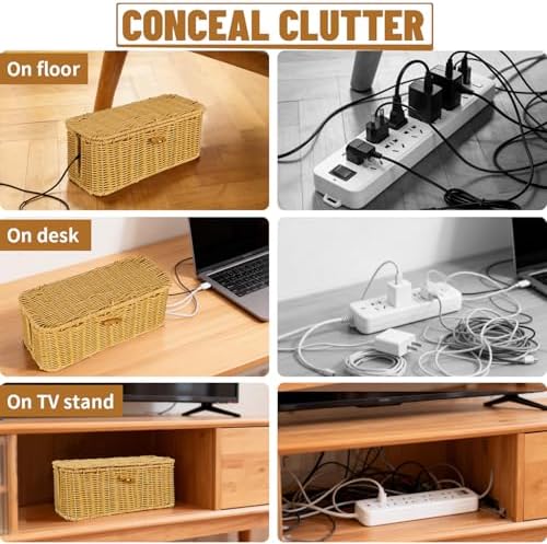 2 Pcs Handwoven Rattan Cable Management Box,Cord Organizer Box with Lid,Open-Slot Cord Hiding Basket,Decorative Storage 
