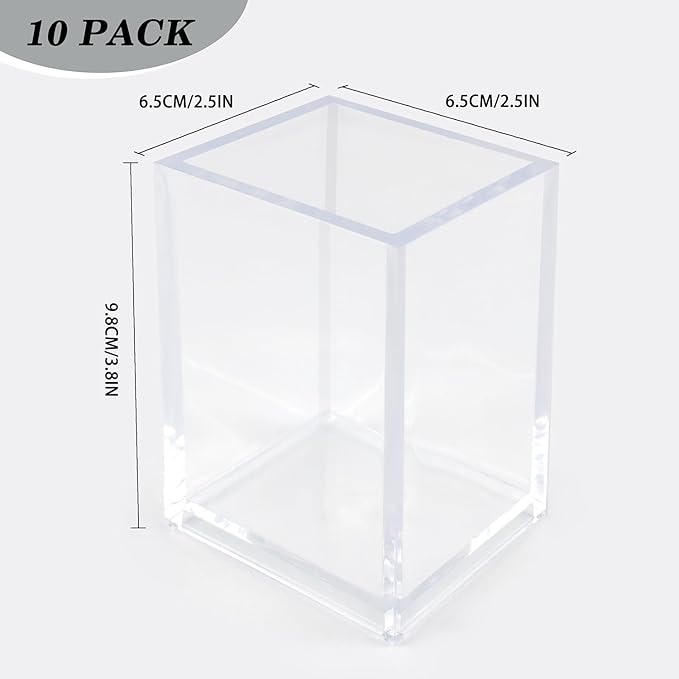10 Pack Clear Acrylic Pen Holders For Desk, Pencil Cup Makeup Brush Holders | Square Acrylic Pen Cups For Pens, Markers And Makeup Brushes; Desktop Organizer For Office, School, Home And Vanity Supplies
