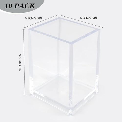 10 Pack Clear Acrylic Pen Holders For Desk, Pencil Cup Makeup Brush Holders | Square Acrylic Pen Cups For Pens, Markers And Makeup Brushes; Desktop Organizer For Office, School, Home And Vanity Supplies