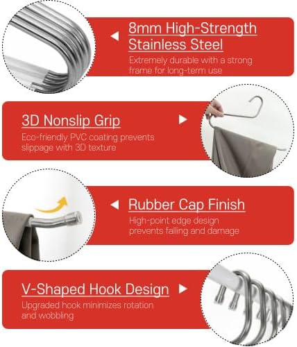 OLG 8mm Stainless Pants Hanger with V Hook and Reverse S, Non-Slip for Men Women -Heavy-Duty Trouser and Jeans Closet Organizer, Ganchos para Pantalones (10, Gray)