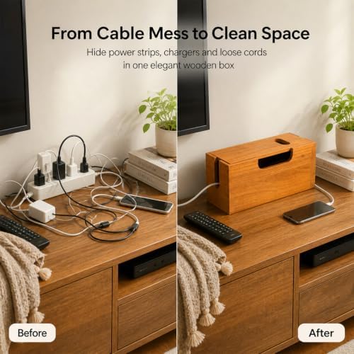 Wood Cable Management Box, Acacia Wood Cord Organizer