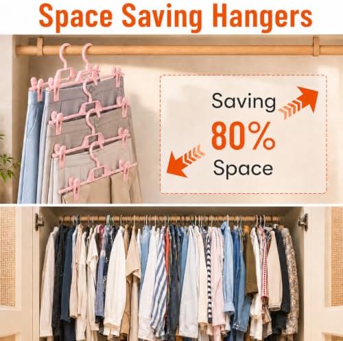 10 Pack Pants Hangers with Clips, Space Saving Skirt Hangers Organizer