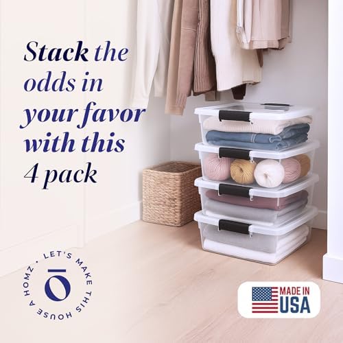 HOMZ Clear Plastic Storage Bins with Latching Lids, 15.5 Qt, Gray, 4 Pack