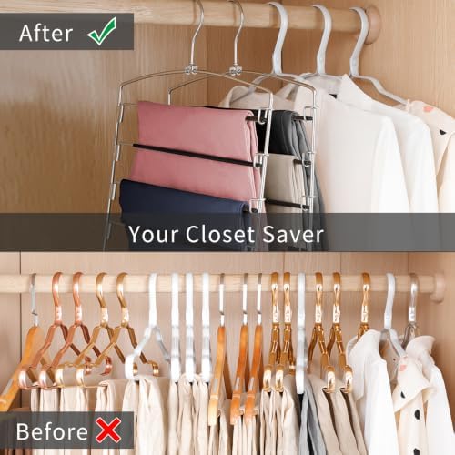 FeeraHozer Pants Hangers Non Slip 3 Pack Space Saving Hangers Multi-Layer Swing Arm Pants Hanger Stainless Steel Space Saver Hanger Closet Storage Organizer for Jeans Trouser Slacks Clothes (Black)