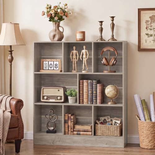 YAHARBO 3 Tier 8 Cube Horizontal Bookshelf, Low Bookcase for Sleves,Grey