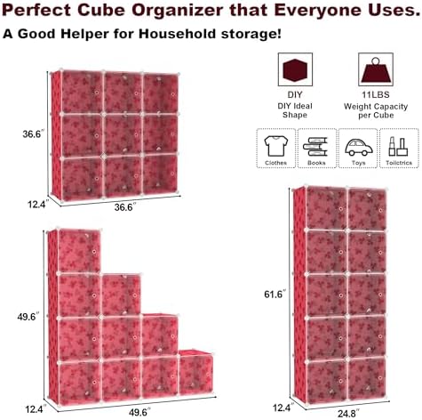 C&AHOME Clover Embossed 10-Cube Storage Organizer with Door Cube Shelf Red
