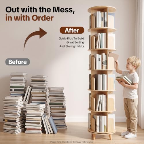 6 Tier Rotating Bookshelf Tower,Solid Wood Bookshelf with Legs,Round Revolving Bookcase for Small Spaces,Spinning Booksh