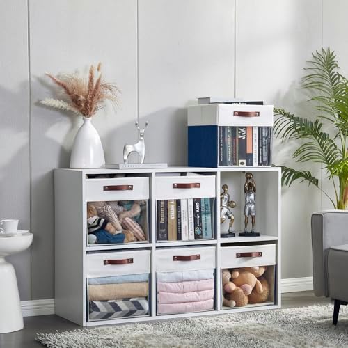 Bagnizer Storage Cubes, 4 Pack Linen Foldable Storage Bins (13 x 13 inch) with Clear Window and Handles, Fabric Organizer for Shelf Closet, Clothes, Books - (Navy Blue and White)