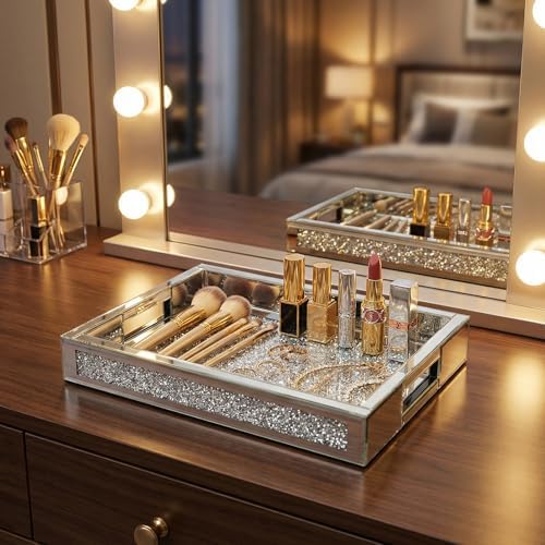 Large Vanity Tray for Perfume Organizer, 15x11 Inch Silver Mirror Tray with Handles, Crushed Diamond Tray for Bathroom C
