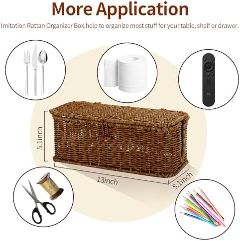 Cable Management Box, Desk Handwoven Rattan Cord Hider Cable Organizer Box With Lid Button Lock, Power Strip Cover Wicke