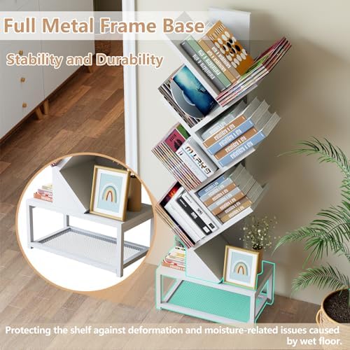 EasyCom Tree Bookshelf Metal Base, 7 Tier Bookcase Storage, Floor Standing Bookshelf Organizer for CDs/Books, Bookshelve