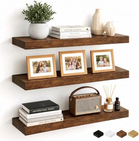 24 Inch Floating Shelves Brown, 8" Deep Wall Shelf, Wall Mounted Wood Shelf