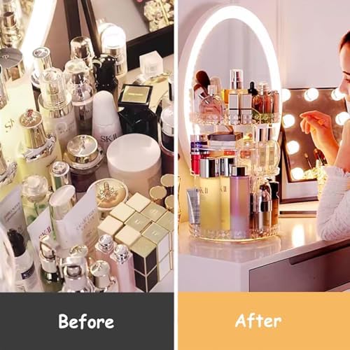 Rotating Makeup Organizer for Vanity Bathroom Countertop, 360 Spinning Skincare Organizer and Storage with Adjustable La