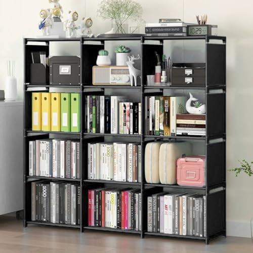 12 Cube Storage Organizer Book Shelves, DIY Open Stackable Bookshelf, Extra Large Plastic Bookcase Rack for Bedroom, Liv