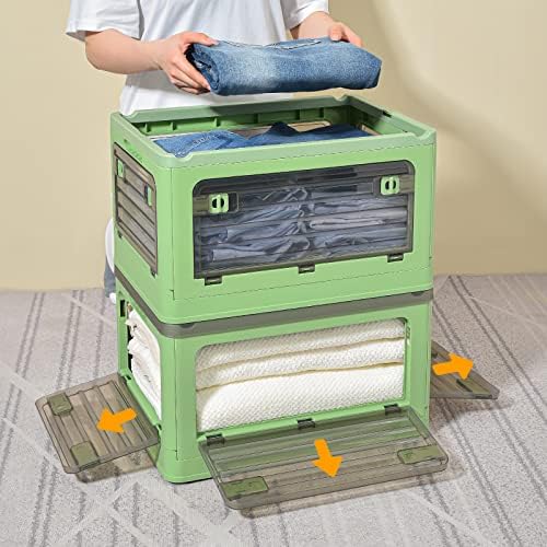 32Qt Plastic Storage Bins with Lid, Collapsible Storage Bins with Wheels, Storage Boxes with 4 Doors, Stackable Storage 