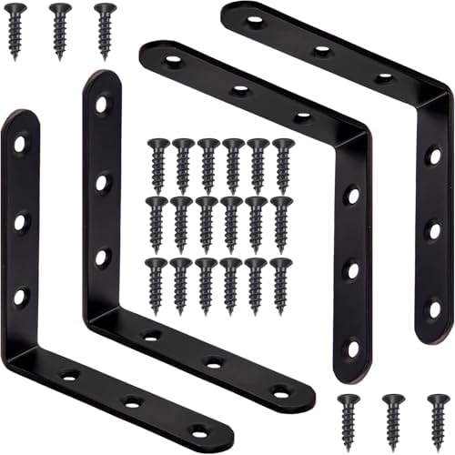 4 Pcs Black L Bracket Corner Braces Stainless Steel 4" x 4" Shelf Bracket for Wood, Shelves, Furniture, 90 Degree Suppor