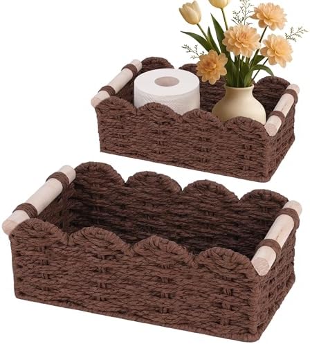 iEGrow Paper Rope Small Storage Baskets for Organizing, Set of 2 Scalloped Edge Wicker Basket with Wooden Handles Toilet Paper Basket for Over Toilet Storage Shelf, Home Decor, Living Room (Brown)