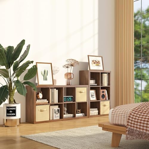 furtble Bookshelf with Storage Bins, 12-Cube Storage Organizer, Modern Wood Open Bookcase, Multifunctional Display Shelf