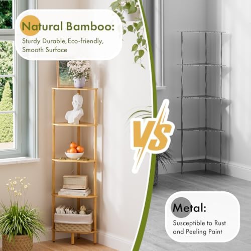 Corner Shelf, 5 Tier Bamboo Corner Bookshelf, 54" Tall Narrow Bookcase, Plant Stand, Corner Display Rack, Shower Caddy, 