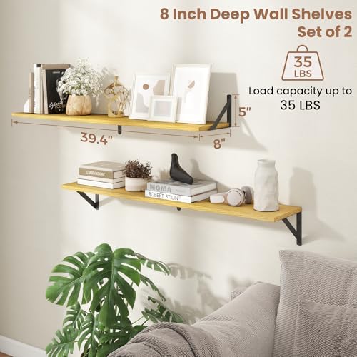 Axeman 40 Inch Floating Shelves, 8 Inch Deep Oak Wall Shelves Set of 2