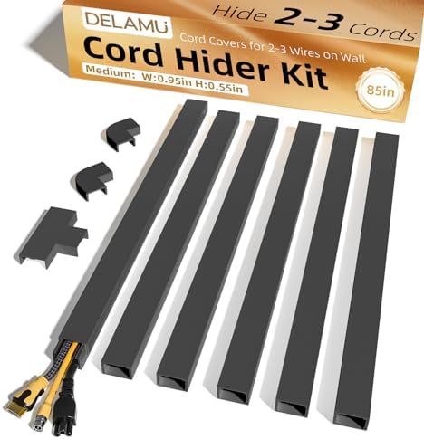Delamu Black Cord Hider, 85in Cord Covers for 2-3 Wires on Wall, Self-Adhesive Cable Hider, Wire Hiders Wire Covers for 