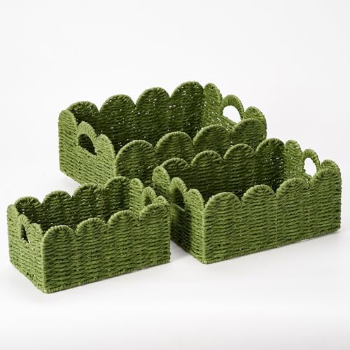 Scalloped Wicker Basket Set of 3, Hand-Woven Storage with Handles