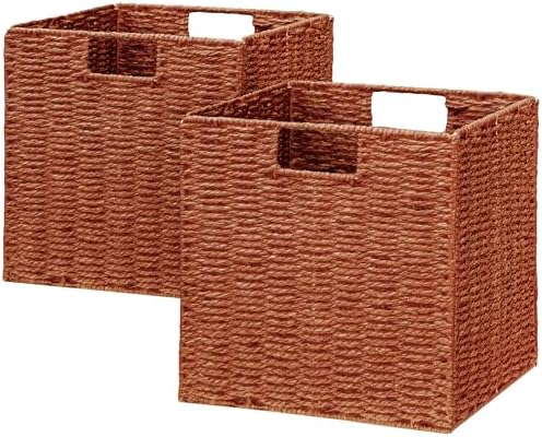 Vagusicc Wicker Storage Basket, Set of 2 Hand-Woven Paper Rope Wicker Basket, Foldable Cube Storage Bins, 9 inch Square 