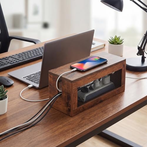 Chunful Extra Large Cable Management Box, 16'' Wood Cord Box Organizer with Ventilation Nets & Organizer for Power Strip