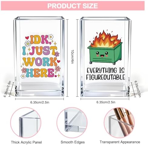 Funny Dumpster Fire Work 2 Pack Acrylic Cosmetic Pencil Pen Holder Cup, Cute Office Pen Holder for Desk, Funny Work Burnout Gifts for Coworker Friend, Mental Health Gifts for Women Boss Teacher