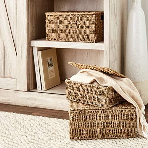 Trademark Innovations Set of 3 Rectangular Seagrass Baskets with Lids, Natural (Small)