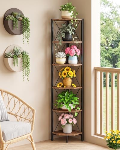 CHOEZON 6-Tier Corner Shelf, Corner Bookcase, 66.9" Tall Vertical Display Rack, Plant Stand, Open Storage Shelf, for Liv