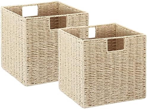 Vagusicc Wicker Storage Basket, Set of 2 Hand-Woven Paper Rope Wicker Baskets, Foldable Cube Storage Bins, Beige Storage