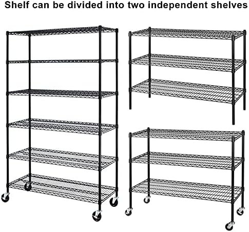 Storage Shelves 6000lbs Capacity, 6 Tier Metal Shelf on Casters 48" L×18" W×76" H Movable Heavy Duty Shelving Unit NSF W