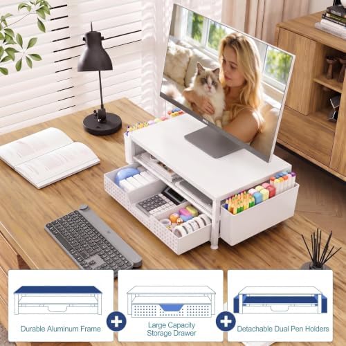 OPNICE Desk Organizers and Accessories, Computer Monitor Stand Riser with Drawer and 2 Pen Holders, Printer & Laptop Sta