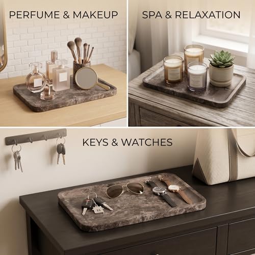Dark Grey Marble Vanity Tray for Bathroom Counter-12 X7 Decorative Tray for Perfume, Candles, Stone Jewelry Dish Tray