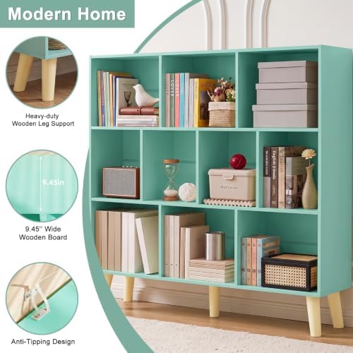 YAHARBO 10 Cube Bookshelf,3 Tier Bookcase with Legs,Green Mid-Century Modern Bookshelves,Large Free Standing Open Storag