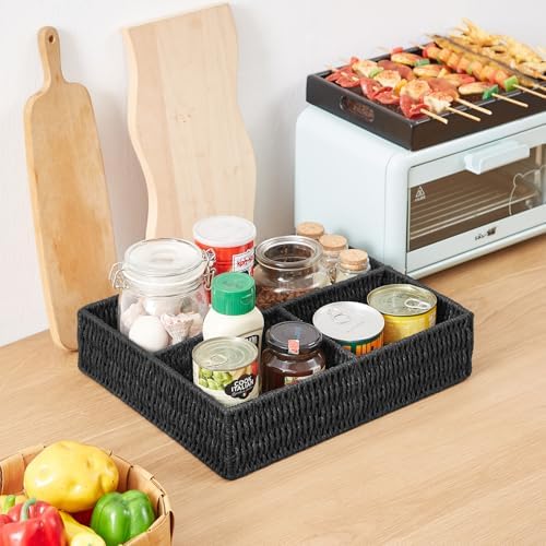 Vagusicc Wicker Divided Storage Basket, Black Wicker Baskets, Basket for Shelves Drawer Organizing, 3 Section Rectangula