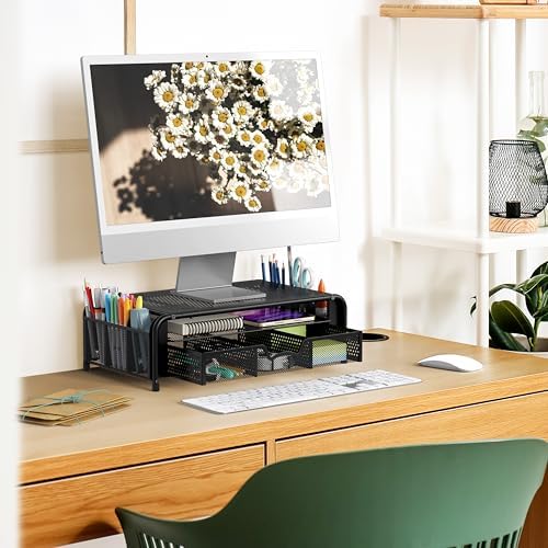 Simple Houseware Monitor Riser Stand w/Pull-Out Drawer & Pen Holder, Black