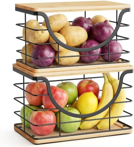 ALOCEO 2 Pack Stackable Wire Storage Basket with Bamboo Lid, Large Garbage Bag Dispenser for 13/30/33 Gallon Bags, Stain