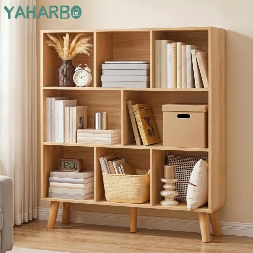 YAHARBO 8 Cube Natural Bookshelf,4 Tier Book Shelf with Legs,Modern Minimalist Bookcase,Open Book Shelves Storage Organi