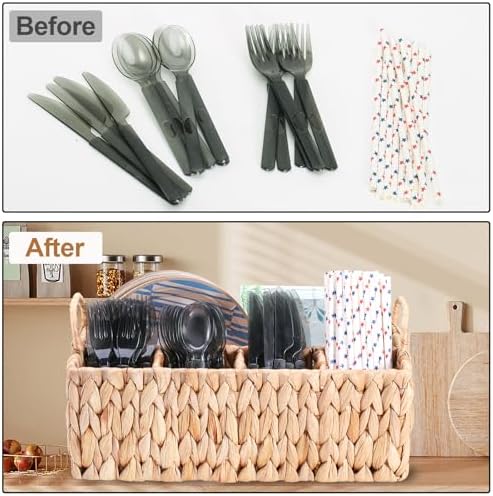 Wicker Party Silverware Caddy, Water Hyacinth Plastic Cutlery Utensil Holder, Hand Woven with Handles, Kitchen Counterto